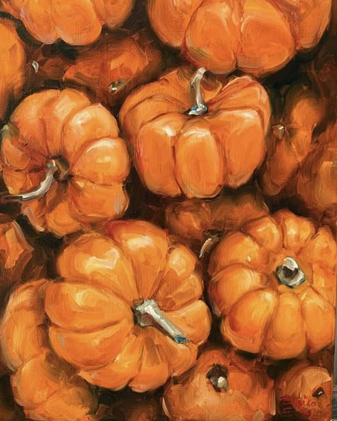 Pumpkin Pie Painting, Oil Pastel Pumpkins, Autumn Painting Aesthetic, Painting Of A Pumpkin, Fall Oil Paintings, Fall Reference, Pumpkins Aesthetic, Playful Painting, Fall Paintings