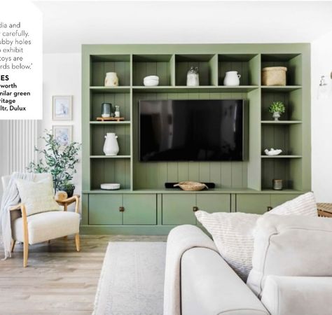 Green Tv Built In, Green Built In Entertainment Center, Green Tv Cabinet Living Room, Green Entertainment Center, Bookshelves Around Tv, Painted Wall Units Entertainment Center, Built In Bookshelves Around Tv, Built In Bookshelves, Built In Entertainment Center