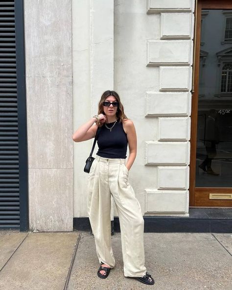 COS's Wide-Leg Trousers Are the Best Around—Hands Down | Who What Wear UK Oversized White Linen Shirt Outfit, How To Wear Linen Pants, Chunky Sandals Outfit, Cos Trousers, Sandal Outfits, Summer Wide Leg Pants, Wardrobe Aesthetic, Linen Pants Outfit, Wide Leg Pants Outfits