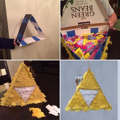 Zelda triforce piñata Zelda party Zelda Themed Birthday Party, Zelda Pinata, Zelda Birthday Party Games, Zelda Party Games, Link Birthday Party Zelda, Zelda Birthday Party Decorations, Zelda Party Ideas, Diy Zelda Crafts, Zelda Birthday Party