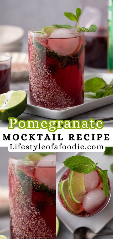 This pomegranate mocktail recipe is the most refreshing non-alcoholic cocktail you’ll ever have. Made with fresh ingredients like mint leaves and real fruit juices, this pomegranate drink is a great alternative for anyone wanting to have a nice beverage without the booze. Pomegranate Mocktail Recipes, Pomegranate Mocktail, Pomegranate Drink, Pomegranate Cocktail Recipes, Pomegranate Cocktail, Pomegranate Mojito, Pomegranate Drinks, Pomegranate Cocktails, Fruit Dessert Recipes