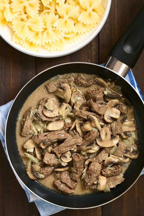 German Beef Stroganoff - Made with round steak, oil, onion, mushrooms, dry mustard, salt, black pepper, cream of mushroom soup, water, sour cream | CDKitchen.com Beef And Mushroom Stew, Striploin Steak, Autoimmune Paleo Recipes, Slow Cooker Beef Stroganoff, Mushroom Stew, Stroganoff Recipe, Lean Beef, Beef Stew Recipe, Beef Stroganoff