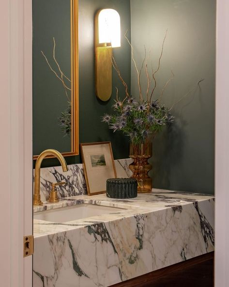 Marble Trend Ltd. | Pretty green powder room featuring Calacatta Monet Marble supplied by @marbletrend 💚 Loving how well all the details and colours… | Instagram Marble Vanity Backsplash, Marble Vanity Bathroom, Marble Powder Room, Monet Marble, Green Powder Room, Calacatta Monet, Green Marble Bathroom, Marble Bathroom Vanity, Marble Trend