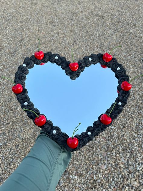 ready-to-ship cake heart mirror <3 Diy Cake Mirror, Clay Coquette, Black Heart Cake, Cake Mirror, Decorated Mirror, Ship Cake, Faux Cake, Mirror Decor Ideas, Cake Heart