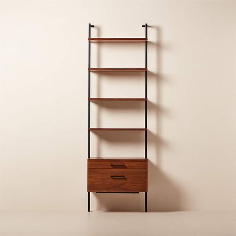 Helix 96" Walnut Bookcase with 2 Drawers | CB2 Walnut Wood Wall, Acrylic Bookcase, Modern Bookshelves, Minimalist Bookcase, Wood Media Console, Shelf Hardware, Walnut Bookcase, Drywall Installation, Wall Mounted Bookshelves