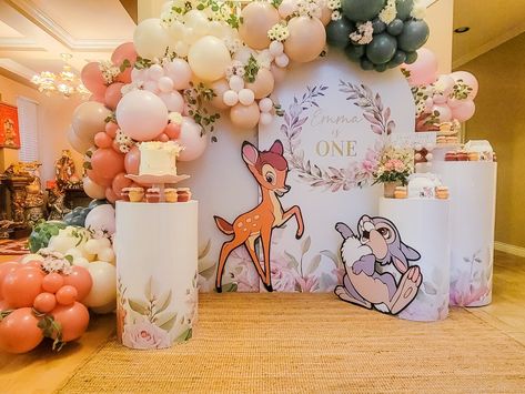 Bambi and Thumper backdrop with balloon garland and custom plinths Bambi Party Theme, Bambi Decorations Birthday Parties, Bambi Shower Ideas, Bambi Balloon Garland, Bambi 1st Birthday Party Ideas, Bambi Party Decorations, Bambi Baby Shower Invitations, Bambi Baby Shower Ideas Centerpieces, Bambi Baby Shower Ideas Boys