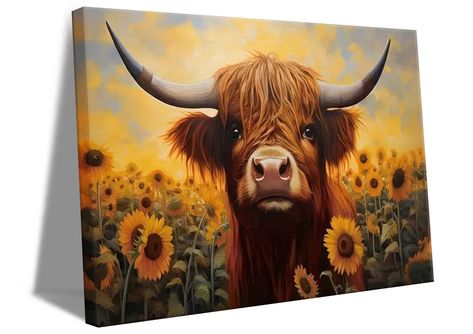 PRICES MAY VARY. Easy To Hang Size: Each Panel Of Our Highland Cow Sunflower Wall Art Canvas Prints Is Already Stretched On Solid Wooden Frames, And Comes With Hooks And Accessories. Size: 12x16 inches, The Metal Hook On Each Panel Is Pre-Mounted On The Wooden Bar, Making It Ready To Hang Hassle-Free. Unique Design: Retro Rural Style Cow Canvas Wall Art With Watercolor Sunflower Decor Prints, Which Perfect For Adding A Happy Nature Scotland Atmosphere To Your Home. Sunflowers And Cows Both Repre Cow Sunflower, Sunflower Sunset, Sunflower Wall Art, Sunflower Canvas, Cow Canvas, Form Art, Color Wall, Cow Painting, Wall Art For Living Room