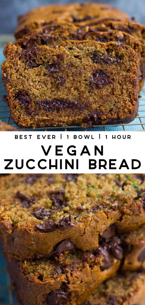 Easy 1 Bowl Vegan Zucchini Bread! So moist and fluffy. Add chocolate chips or walnuts. #vegan #plantbased Vegan Zucchini Muffins, Summer Baking Recipes, Vegan Zucchini Bread, Fresh Zucchini, Breakfast Vegan, Dairy Free Chocolate Chips, Vegan Zucchini, Summer Baking, Zucchini Bread Recipes