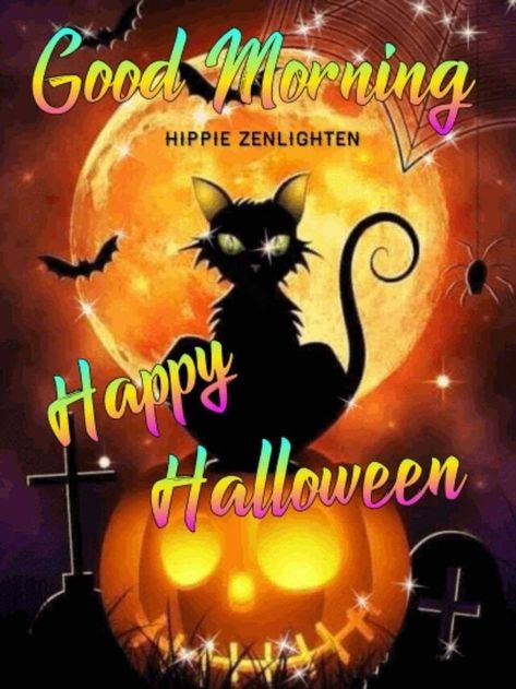 Good Morning Happy Halloween, Good Night Halloween, Good Morning Prayer Messages, Scentsy Halloween, Halloween Black Cats, Good Evening Greetings, Morning Sunshine Quotes, Halloween Pics, Halloween Hocus Pocus