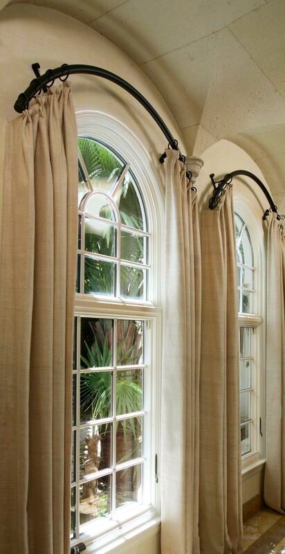 Arched Window Coverings, Curtains For Arched Windows, Bathroom Window Coverings, Curved Curtain Rods, Arched Window Treatments, Painted Curtains, Window In Shower, Window Curtain Rods, Stylish Curtains