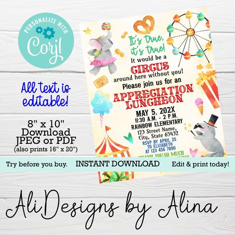 Circus appreciation luncheon, carnival flyer, PRINTABLE inviation, PTA PTO event, Circus without you, Appreciation week Teacher Nurse staff by AliDesignsByAlina on Etsy Carnival Flyer, Staff Appreciation Week, School Pto, Pta School, Carnival Circus, Medical Staff, Staff Appreciation, Electronic Invitations, Employee Appreciation