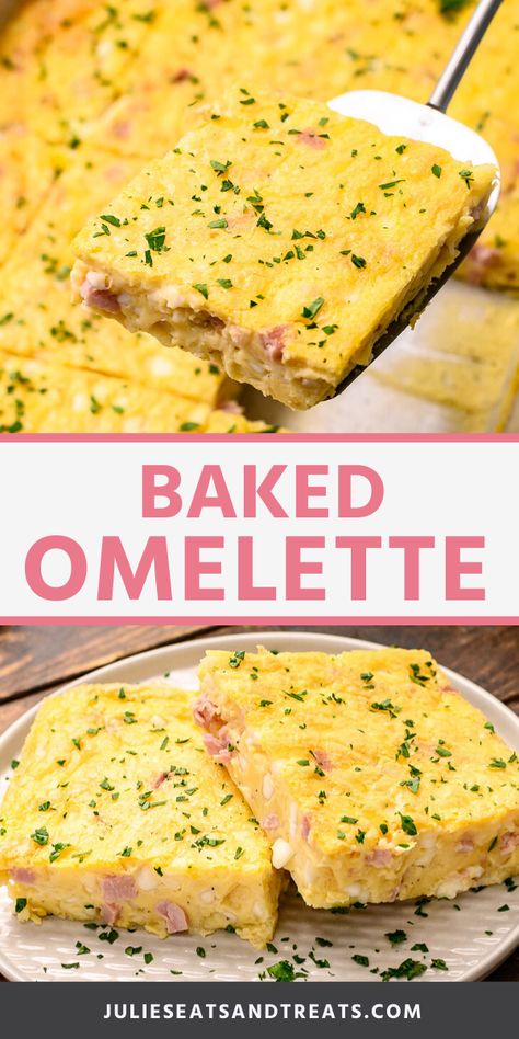 Looking for an easy way to serve eggs to a crowd? Serving a Baked Omelette is your answer! It's packed with all the flavor of your favorite omelette like cheese and ham, but so easy because you can just bake it in the oven and it serves a large group. It's also great for meal prep! #omelette #baked Ricotta Cheese Omelet, Oven Baked Omelette, Baked Omelette Recipe, Oven Omelette, Oven Baked Eggs, Baked Omelette, Baked Omelet, Omlet Recipes, Breakfast Bakes