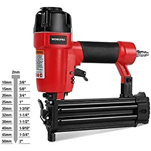 For use in upholstery, carpentry, and woodworking projects, WORKPRO 18-Gauge Pneumatic Brad Nailer, Compatible with 3/8" to 2" Nails, Depth Adjustment Nail Gun Emerald Nails, Woodworking Tools For Beginners, Brad Nailer, Wall Writing, Brad Nails, Lines On Nails, Miter Saw, Cordless Drill, Best Budget