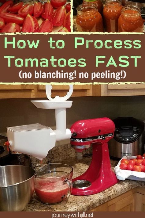 Skip blanching tomatoes and use the KitchenAid's Fruit and Vegetable Strainer Attachment to cut the time it takes to prepare your tomatoes for canning. #kitchenaid #tomato Processing Tomatoes For Sauce, Process Tomatoes, Blanching Tomatoes, Tomatoes For Canning, Canning Room, Kitchenaid Mixer Attachments, Tomato Canning, How To Make Tomato Sauce, Tomato Gardening