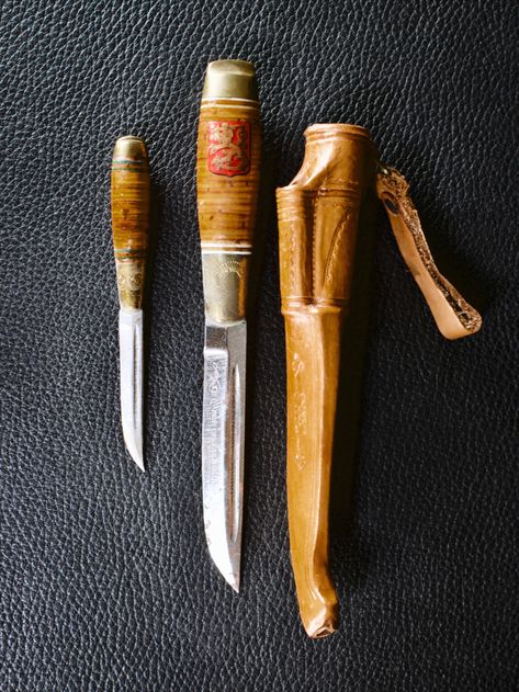 The knife has a wood handle with brass accents and it comes with the custom sheath. The blood groove has writing but I am unable to make it out (see pictures) and on the bevel "Made in Finland" Large Knife Measures 7 1/4" long, the blade is 3 5/8" long Smaller knife Measures 4 1/2" long, the blade is 2 1/8" long Available at Far-Rider-West.com #vintage #viking #huntingknife #puukko #knife #puukkoknife #bushcraftknife #Finland #vikingknife #vintageknife #giftformen #giftforwomen Bushcraft Knives, Brass Accents, Hunting Knife, Wood Handle, Finland, Vikings, Mens Gifts, Hunting, I Am Awesome