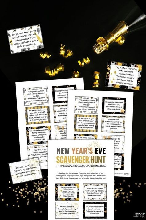 Kick off the start of the year with this New Year's Eve Scavenger Hunt! The kids will love running all over the house, trying to find the clues before the clock strikes midnight. These scavenger hunt cards are great for giving treasure hunt clues to have the kids burning off the last bit of energy before the current year ends. Full of awesome and exciting clues, these indoor scavenger hunt cards are perfect for everyone to join in on the fun!  #FrugalCouponLiving #NewYearsEve Scavenger Hunt At Home, Kids Treasure Hunt Clues, Treasure Hunt Riddles, Easter Scavenger Hunt Clues, Scavenger Hunt Riddles, Rhyming Riddles, Kids Ring, New Year's Eve Activities, New Years Eve Games