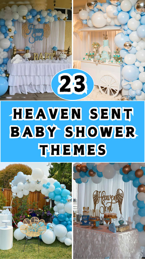 Beautiful 'Heaven Sent' baby shower ideas featuring angelic decorations, soft blue and white themes, and charming balloon displays. Perfect for celebrating your little blessing with style and grace! Religious Baby Shower Ideas, She’s A Little Piece Of Heaven Baby Shower Theme, Heaven Theme Baby Shower Ideas, Miracle Baby Shower Theme, Piece Of Heaven Baby Shower Theme, Angel Theme Baby Shower Ideas, Heaven Sent Baby Shower Theme Decoration, Heaven Sent Baby Shower Cake, Christian Baby Shower Themes