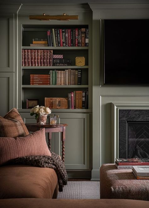 An Adult Escape Bookshelves Around Fireplace, Office With Fireplace, Fireplace Bookshelves, Snug Room, Black Rooms, Traditional Homes, Hearth Room, Room Additions, Living Room With Fireplace