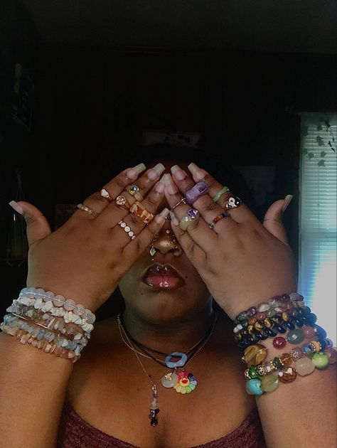 #jewelry Hand Bracelets Aesthetic, Bracelet On Both Wrists, Baddie Jewelry Aesthetic, Stone Bracelet Aesthetic, Bracelet Stack Beaded, Rings And Bracelets Aesthetic, Bracelets Black Women, Jewelry Black Women, Bracelet Stack Ideas