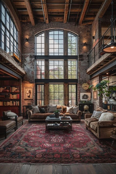 29 Industrial Living Room Ideas 16 Living Room Rug Industrial, Warehouse Interior Design, Industrial Living Rooms, Industrial Living Room Ideas, Industrial Homes, Dark Apartment, Apocalypse Landscape, Industrial Style Living Room, Modern And Rustic Decor