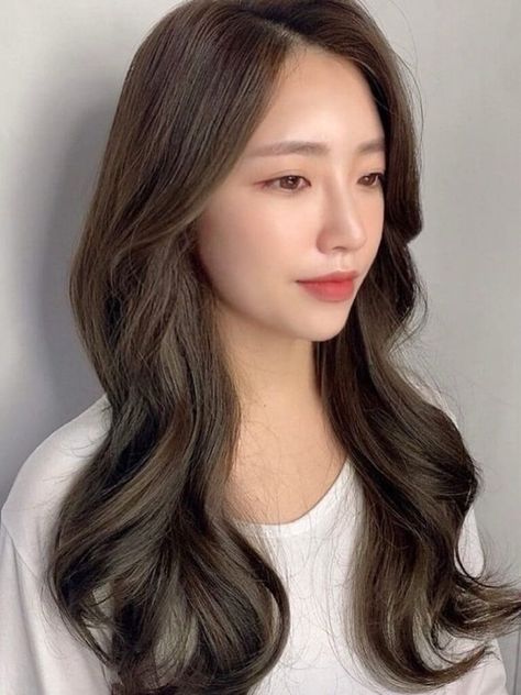 Olive brown hair color Olive Brown Hair Color, Korean Hair Color Ideas, Korea Hair Color, Korean Hair Dye, Beige Hair Color, Korean Long Hair, Lavender Hair Colors, Hair Color Asian, Beige Hair