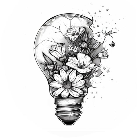 Lightbulb Tattoo Design, Tattoos For Letting Go, Broken Lightbulb With Flowers, Lightbulb Flower Tattoo, Kale Tattoo, Quote With Flowers Tattoo, Alstroemeria Tattoo, Lightbulb Tattoo, Lantern Tattoo