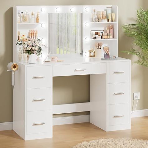 Amazon.com: Acurax Makeup Vanity Desk with Mirror and 10 Lights, Table with 7 Drawers and 4 Open Shelves, 3 Color Modes and Adjustable Brightness, Charging Station for Bedroom, White Coastal Vanity Ideas Bedroom, How To Turn A Desk Into A Vanity, Cute Vanities, Teen Vanity Ideas, Desk And Vanity In One, Vanity With Shelves, White And Gold Room, Desk Decor Bedroom, Makeup Desks