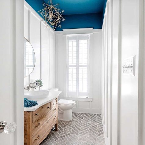 Blue Ceiling Bathroom, Board And Batten Bathroom, Batten Bathroom, Herringbone Brick Floor, Farmhouse Floor Plan, Coastal Farmhouse Kitchen, Blue Ceiling, Oak Farmhouse, Barn House Design