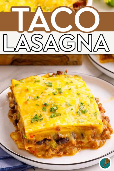 A delicious slice of Taco Lasagna layered with tortillas, seasoned beef, beans, and melted cheese, perfect for a fun Tex-Mex inspired meal. Taco Lasagna With Tortillas, Easy Taco Lasagna, Lasagna Side Dishes, Taco Lasagna Recipe, Taco Lasagna, Kinds Of Beans, Lasagna Ingredients, Traditional Lasagna, Classic Lasagna