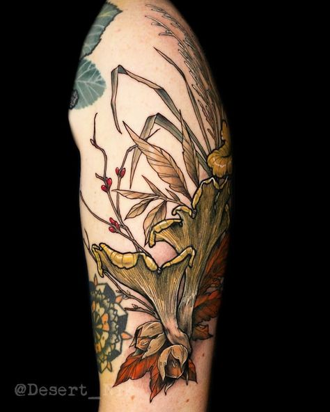 Foraging Tattoo, Forest Animal Tattoo, Meadow Tattoo, Autumn Foraging, Forest Tattoo Sleeve, Tattoo Elements, Forest Meadow, Forest Tattoo, Nature Tattoo Sleeve