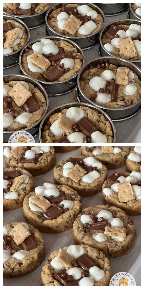 Campfire S'mores Deep Dish Cookies - Hugs and Cookies XOXO Moose On The Loose Cookies, Individual Cookie Cakes, Best Selling Cookies, Gourmet Stuffed Cookies Recipes, Cookie Display Ideas, Dessert Box Ideas, Cookie Tattoo, Deep Dish Cookie, Cookie Display