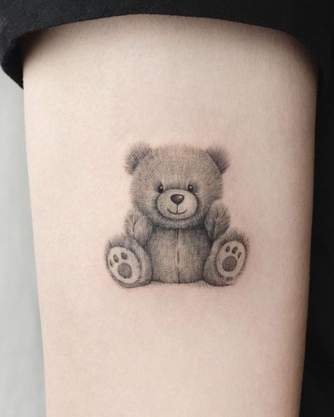 Teddy Bear Sketch Tattoo, Ripped Teddy Bear Tattoo, Teddy Bear Tattoo Ideas For Women, Small Bear Tattoos For Women, Brown Bear Tattoo, Ester Tattoo, Cute Teddy Bear Tattoo, Teddy Bear Tattoo Designs, Little Bear Tattoo