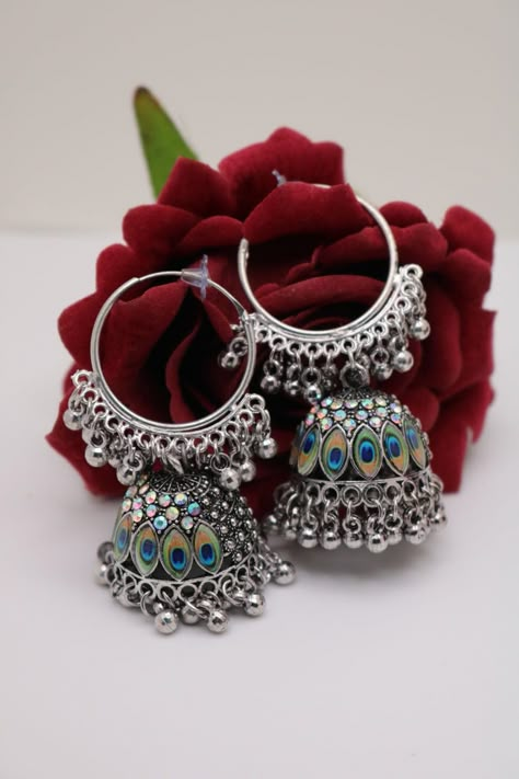 Krishna Ring, Jhumka Bareli Wala, Eid Preparation, Hoop Jhumka Earrings, Hoop Jhumka, Desi Earrings, Silver Ear Rings, Desi Jewellery, Trendy Silver Jewelry