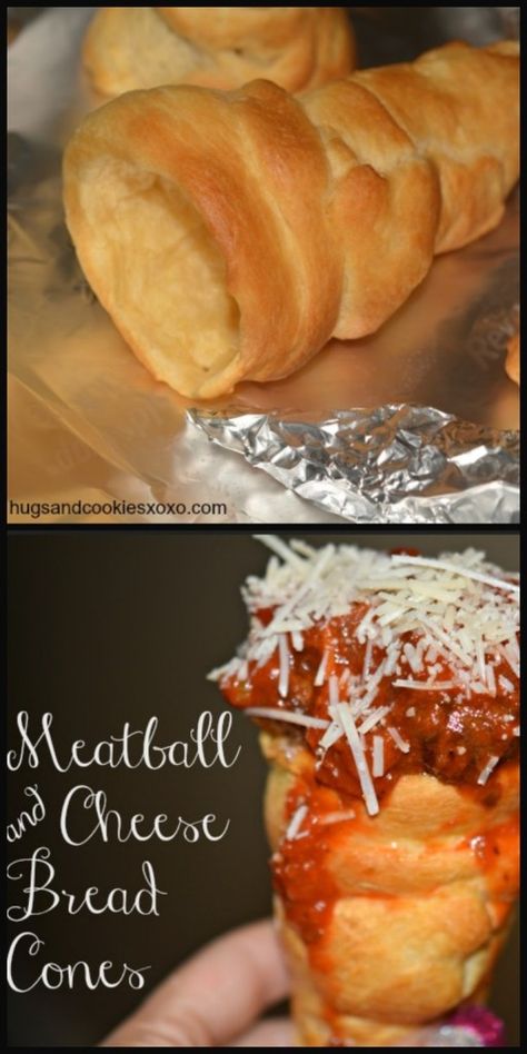 How fun would these be to eat? Meatball and Cheese Bread Cones from Hugs and Cookies XOXO. Meatballs And Cheese, Bread Cones, Delicious Bread, Cheese Bread, Yummy Eats, Dinner Rolls, Meat Dishes, Creative Food, Buns