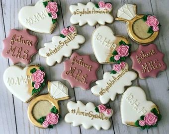 Bridal shower cookies | Etsy Bridal Shower Decorated Cookies, Bridal Shower Cookies Decorated, Bridal Shower Sugar Cookies, Wedding Cookies Decorated, Edible Party Favors, Bachelorette Cookies, Engagement Cookies, Bridal Cookies, Wedding Donuts