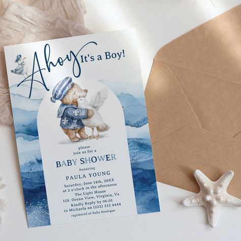 Nautical Baby Shower Invitations, Elegant Template, Ahoy Its A Boy, Boy Shower Invitations, Its A Boy, Baby Shower Supplies, Nautical Baby Shower, Teddy Bear Baby Shower, Nautical Baby