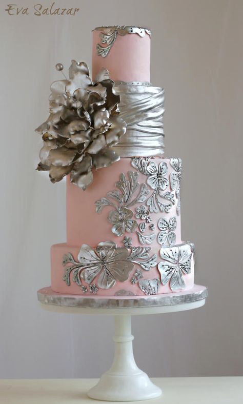 Blush and silver Romantic Wedding Cake - Cake by Eva Salazar Pink And Silver Wedding, Chalkboard Cake, Wedding Cake With Flowers, Metallic Cake, Silver Wedding Cake, Cake With Flowers, Pink Wedding Cake, Romantic Wedding Cake, Amazing Wedding Cakes