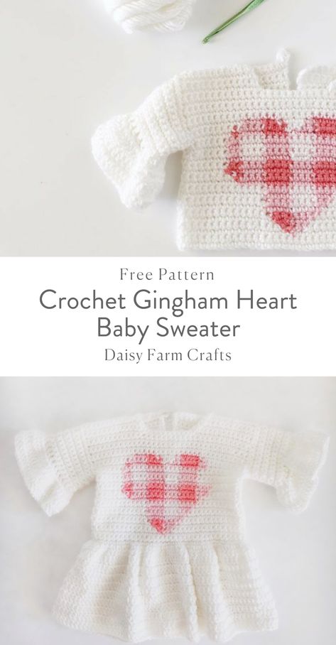 Free Pattern - Crochet Gingham Heart Baby Sweater Crochet Gingham, Diy Crochet Sweater, Daisy Farm, Crochet Baby Sweaters, Crochet Baby Sweater, Farm Crafts, Crochet Sweaters, Crochet Baby Girl, Valentines Crochet