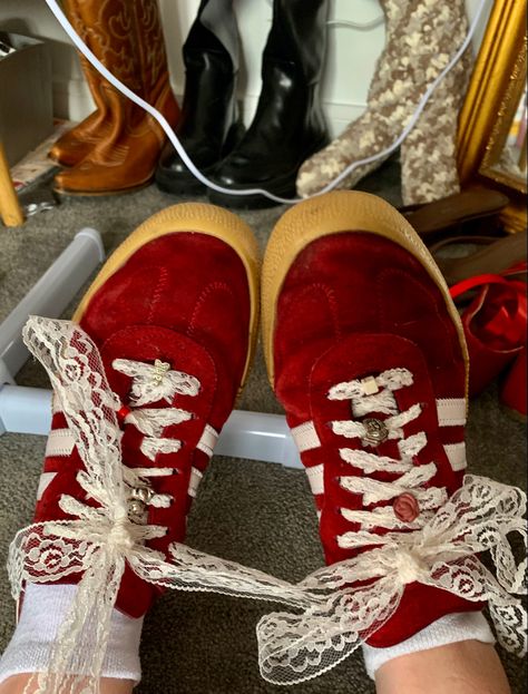 Vinted: phoebemjh #adidas #samba #adidassambas #sambas #lace #burgundy #cowboy #ballet #blokecore Ribbon Lace Shoes, Adidas Samba Ribbon Laces, Adidas With Ribbon, Samba Ribbon Laces, Adidas Ribbon Laces, Sambas With Ribbon Laces, Shoes With Ribbon Laces, Red Adidas Samba, Bloquette Aesthetic