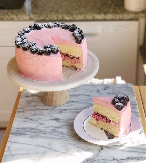 This Lavender Blackberry Cake is delicate and sweet with just a hint of aromatic lavender. The blackberry syrup turns the frosting into a pretty pastel Blackberry Cake, Blackberry Syrup, Lavender Syrup, Cocktail Syrups, Cake Mixture, Creamed Eggs, Pretty Pastel, Flower Cake, Heavy Cream