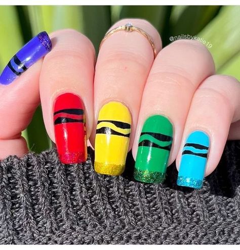 Crayola Nails Design, Crayon Nails Designs, Crayola Nails, Teacher Nails Designs Back To School, 2023 Graduation Nails, Back To School Nails For Teachers, Teacher Nails Designs, Nail Designs For School, School Nails Ideas