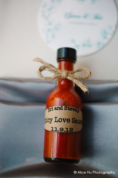 edible wedding favors, hot sauce, hot sauce wedding favor, J and R Foods, love, Photo credit: Alice Hu Hot Sauce Wedding, Hot Sauce Wedding Favors, Favours Ideas, Simple Wedding Favors, Food Wedding Favors, Trendy Wedding Favors, Homemade Wedding Favors, Wedding Scrapbooking Layouts, Garden Wedding Favors