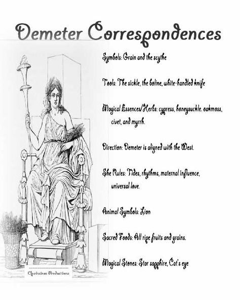 Demeter Correspondences  (words from A YEAR AND A DAY book) OPALRAINES   PRODUCTION Demeter Correspondence, Demeter Altar Ideas, Demeter Tattoo Goddesses, Demeter Worship, Demeter Altar, Demeter Tattoo, Eleusinian Mysteries, Demeter Greek Goddess, Demeter Goddess