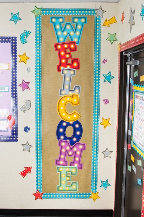 Welcome students to a classroom, or guests to just about any space with the Marquee Welcome Bulletin Board.  Vibrant colors featuring the classic light letter look. Welcome Door Kindergarten, Welcome Board Classroom, Welcome Door Classroom, Welcome To Classroom, Welcome Bulletin Board, Welcome Bulletin Boards, Light Letter, Classroom Welcome, School Door Decorations