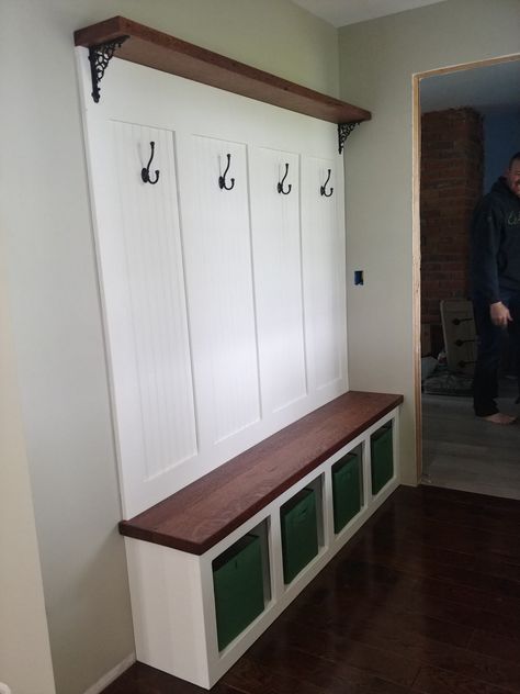 Built in, custom hall tree for back entryway. Bead board backing. Old floor joists for seat and shelf. Each person has a cubby and hook. Hall Tree Bench With Shoe Storage, Built In Wall Tree Entryway, Hallway Tree Entryway Diy, Built In Backpack Storage, Diy Built In Hall Tree, Hall Tree Built In, Farmhouse Hall Tree Entryway, Diy Hall Tree With Shoe Storage, Wall Of Hooks