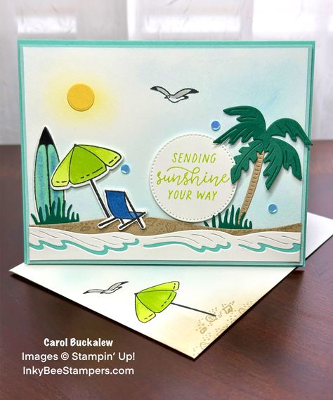 Stampin’ Up! Beach Day Happy Birthday Card – Inky Bee Stampers Beach Day Stampin Up Cards, Stampin Up Beach Day, Diorama Cards, Beachy Cards, Sea Cards, Stampin Up Birthday Cards, Card Design Handmade, Mini Cat, Beach Cards