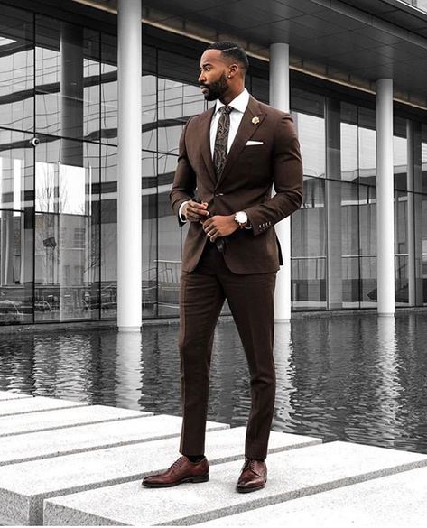 @king_kb28 👏🏾🙌🏾 // #blackmenandsuits Man Wearing A Suit, Black Tuxedo Wedding, Groomsmen Tuxedos, A Man In A Suit, Man In A Suit, Brown Suit, Suit Ideas, Brown Wedding, Business Casual Outfits For Work