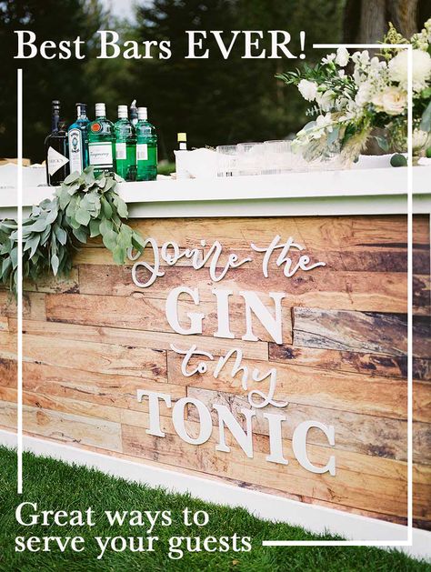 Since the bar at a wedding reception is usually a gathering place, it's nice when they're pretty. Here are ways to personalize the bar at a wedding with some help of BeThings Rentals. Wedding Drink Bar, Greenery Wedding Bouquet, Reception Tablescapes, Colorful Invitations, Champagne Bridesmaid, Champagne Bridesmaid Dresses, Gin Bar, Bar Wedding, Space Wedding