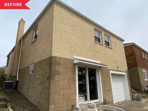 Before: Yellow-brown brick house exterior Brown Brick House Exterior, Yellow Brick House Exterior, Brown Brick Houses, Yellow Brick Houses, Outside Paint, Brown Brick, Ranch Exterior, Courtyard Gardens Design, Brick Ranch