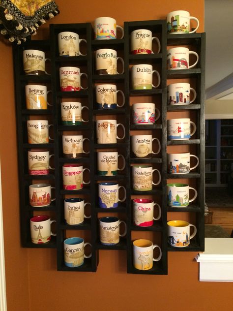 My Starbuck's mug shelf Mug Shelf, Coffee Cup Rack, Starbucks City Mugs, Coffee Mug Display, Mug Storage, Coffee Mug Holder, Mug Display, Coffee Bar Home, Diy Mugs